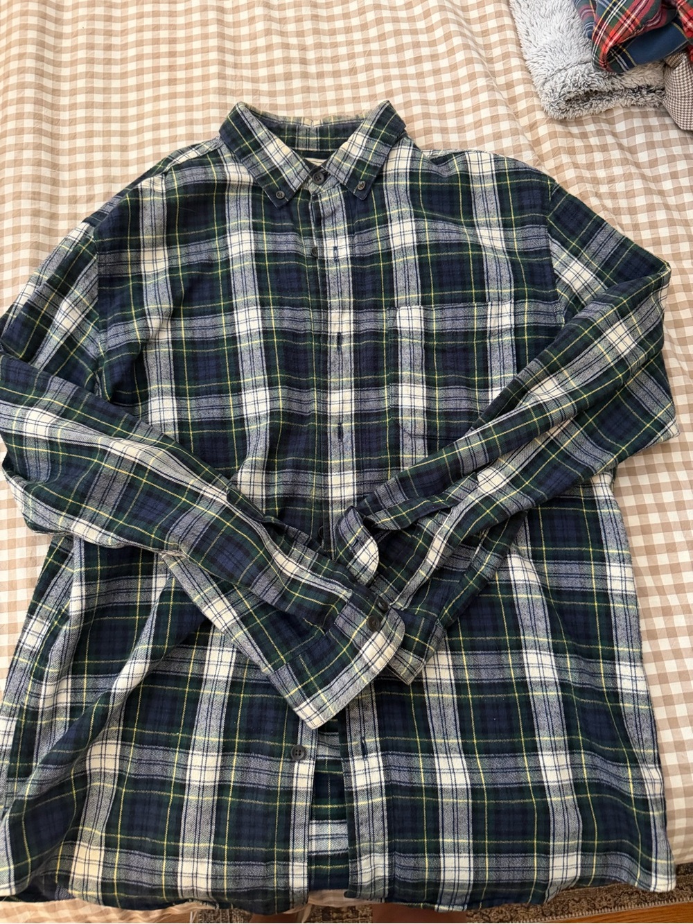 L.L. Bean Navy, Green and White Plaid Button-Down Shirt